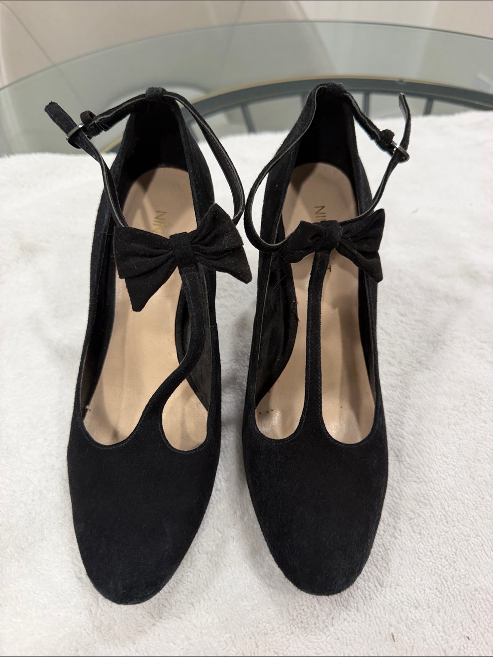Nine West Black Suede T-Strap Bow Heels - Women's Dress Shoes